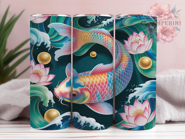 Koi Fish Water Lily Floral Tumbler, Elegant Koi Sublimation Design, Floral Pond Cup Art, 20oz Holiday Tumbler, Whimsical Koi Mug, Stylish Water Lily Cup, Cozy Pond Wrap Sublimation Li Zamperini 