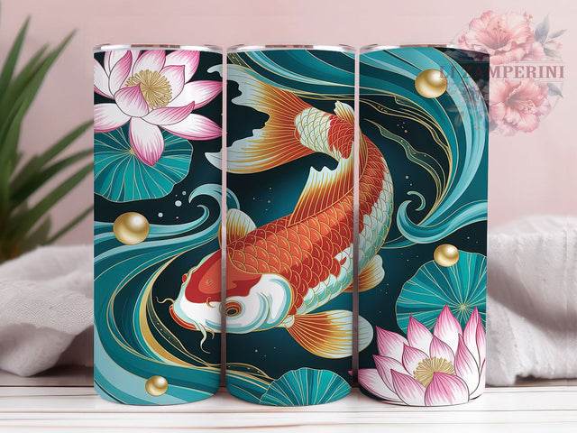 Koi Fish Water Lily Floral Tumbler, Elegant Koi Sublimation Design, Floral Pond Cup Art, 20oz Holiday Tumbler, Whimsical Koi Mug, Stylish Water Lily Cup, Cozy Pond Wrap Sublimation Li Zamperini 
