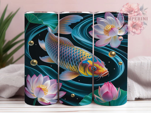 Koi Fish Water Lily Floral Tumbler, Elegant Koi Sublimation Design, Floral Pond Cup Art, 20oz Holiday Tumbler, Whimsical Koi Mug, Stylish Water Lily Cup, Cozy Pond Wrap Sublimation Li Zamperini 