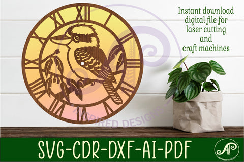 Kookaburra wall clock laser cut template files, SVG file. SVG APInspireddesigns 