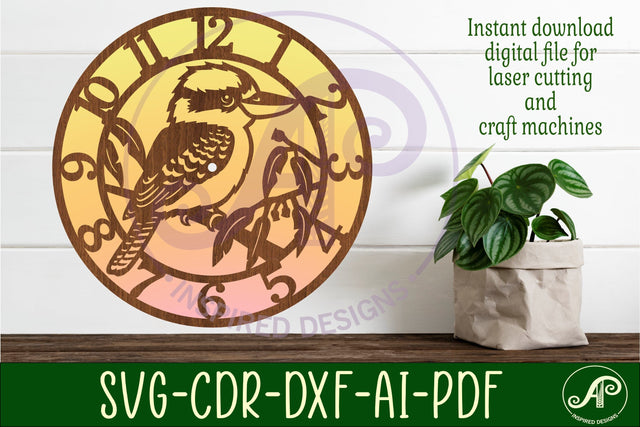 Kookaburra wall clock laser cut template files, SVG file. SVG APInspireddesigns 