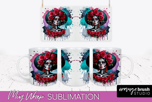 La Catrina Mug Wrap - Halloween Day of the Dead Mug PNG Sublimation OrangeBrushStudio 