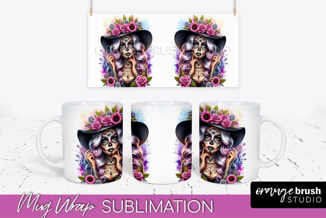 La Catrina Mug Wrap - Halloween Day of the Dead Mug PNG Sublimation OrangeBrushStudio 
