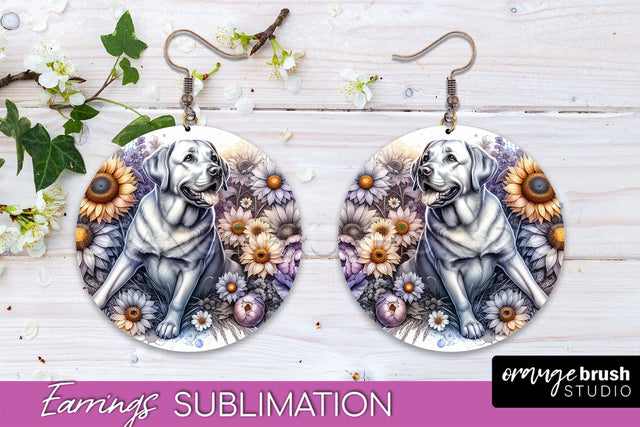 Labrador Retriever Earrings - Dog Mom Floral Round Earring Sublimation Sublimation OrangeBrushStudio 