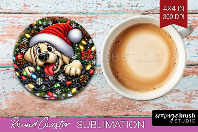 Labrador Retriever Funny Christmas Dog Round Coaster Sublimation OrangeBrushStudio 