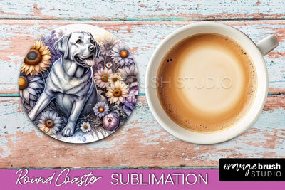 Labrador Retriever Round Coaster - Dog Mom Floral Coaster Sublimation Sublimation OrangeBrushStudio 