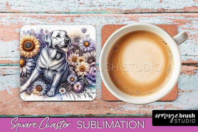 Labrador Retriever Square Coaster - Dog Mom Floral Coaster Sublimation Sublimation OrangeBrushStudio 