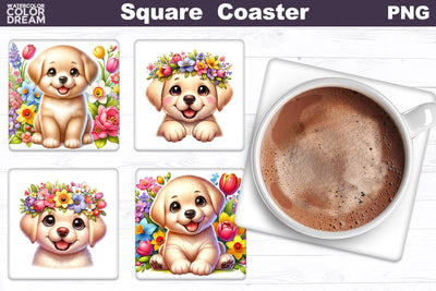 Labrador Square Coaster | Dog Flowers Square Coaster Sublimation WatercolorColorDream 