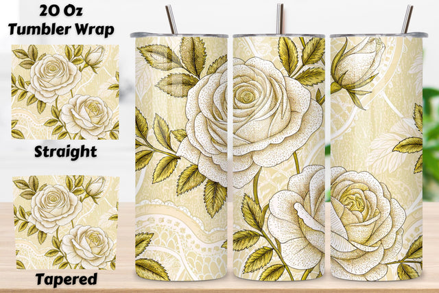 Lace Embroidery Rose Seamless Tumbler Wrap, White Roses with Delicate Stitching Sublimation FloridPrintables 