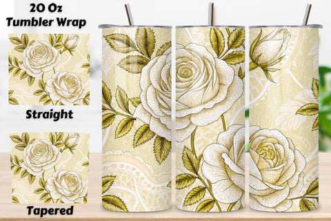 Lace Embroidery Rose Seamless Tumbler Wrap, White Roses with Delicate Stitching Sublimation FloridPrintables 