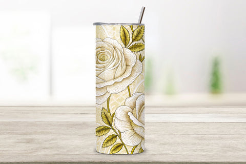 Lace Embroidery Rose Seamless Tumbler Wrap, White Roses with Delicate Stitching Sublimation FloridPrintables 