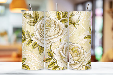 Lace Embroidery Rose Seamless Tumbler Wrap, White Roses with Delicate Stitching Sublimation FloridPrintables 