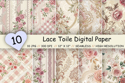Lace Toile Digital Paper Pack, Elegant Vintage Lace & Floral Seamless Patterns, Scrapbooking & Printable Crafts Digital Pattern FloridPrintables 