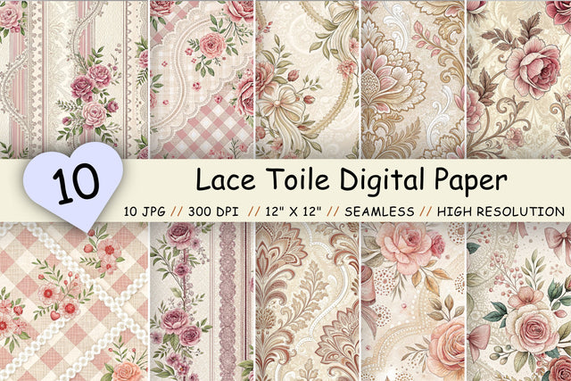 Lace Toile Digital Paper Pack, Elegant Vintage Lace & Floral Seamless Patterns, Scrapbooking & Printable Crafts Digital Pattern FloridPrintables 