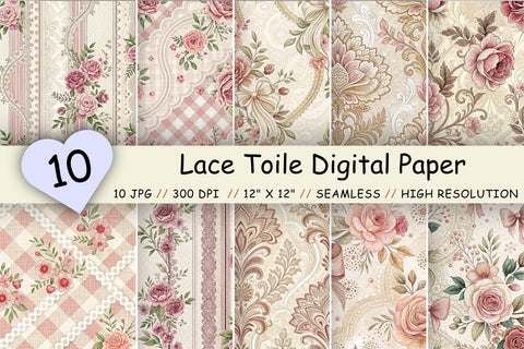 Lace Toile Digital Paper Pack, Elegant Vintage Lace & Floral Seamless Patterns, Scrapbooking & Printable Crafts Digital Pattern FloridPrintables 