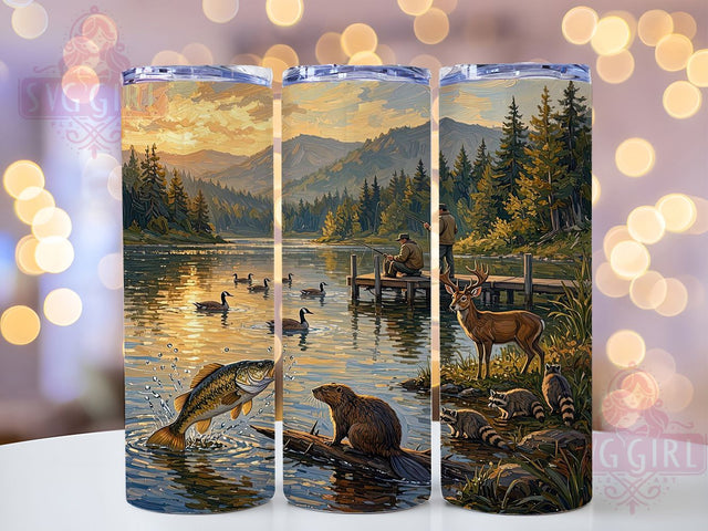 Lake Bass Buck Sunset Glow 20oz Tumbler, Lake Scene, Bass Fish, Buck Motif, Sunset Glow, Outdoor Charm, Skinny Tumbler, Sublimation PNG Sublimation SvggirlplusArt 