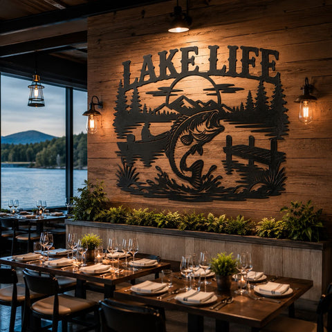 Lake Life Fishing Laser SVG | Bass Fish Lake Scene DXF | CNC Plasma Cut File | Rustic Cabin Decor | Metal Wall Art Svg | Fish Jumping Sign SVG HappyDesignStudio 