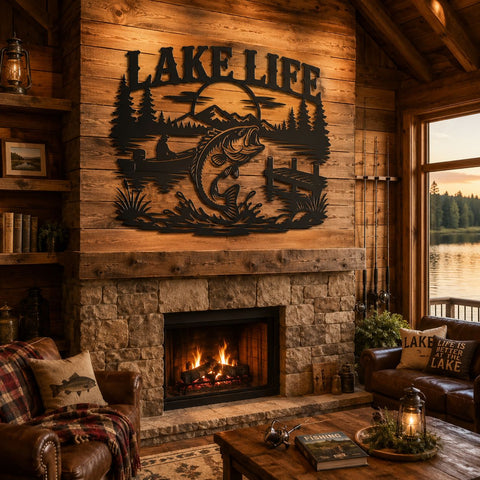 Lake Life Fishing Laser SVG | Bass Fish Lake Scene DXF | CNC Plasma Cut File | Rustic Cabin Decor | Metal Wall Art Svg | Fish Jumping Sign SVG HappyDesignStudio 