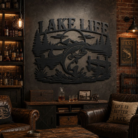 Lake Life Fishing Laser SVG | Bass Fish Lake Scene DXF | CNC Plasma Cut File | Rustic Cabin Decor | Metal Wall Art Svg | Fish Jumping Sign SVG HappyDesignStudio 