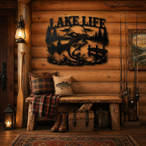 Lake Life Fishing Laser SVG | Bass Fish Lake Scene DXF | CNC Plasma Cut File | Rustic Cabin Decor | Metal Wall Art Svg | Fish Jumping Sign SVG HappyDesignStudio 