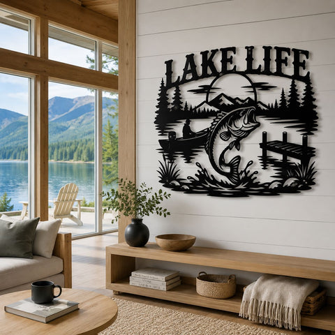 Lake Life Fishing Laser SVG | Bass Fish Lake Scene DXF | CNC Plasma Cut File | Rustic Cabin Decor | Metal Wall Art Svg | Fish Jumping Sign SVG HappyDesignStudio 
