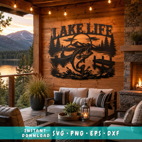 Lake Life Fishing Laser SVG | Bass Fish Lake Scene DXF | CNC Plasma Cut File | Rustic Cabin Decor | Metal Wall Art Svg | Fish Jumping Sign SVG HappyDesignStudio 