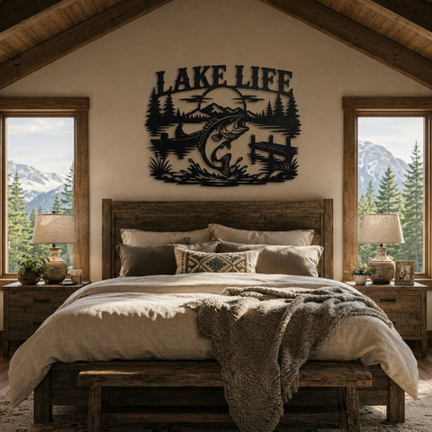 Lake Life Fishing Laser SVG | Bass Fish Lake Scene DXF | CNC Plasma Cut File | Rustic Cabin Decor | Metal Wall Art Svg | Fish Jumping Sign SVG HappyDesignStudio 