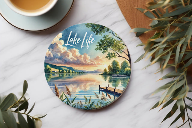 Lake Life Round Coaster PNG, Lake Dock Design Sublimation BijouBay 