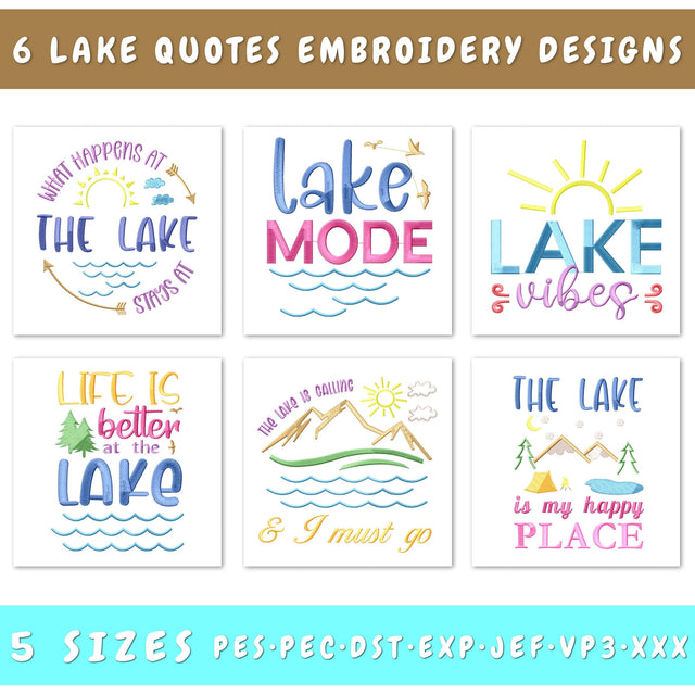 Lake Quotes Embroidery Designs Bundle - 6 Designs, Lake Embroidery Patterns, Lake Sayings Embroidery Files, Lake Vibes Embroidery Files Embroidery/Applique DESIGNS HappyDesignStudio 