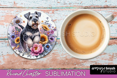 Lakeland Terrier Round Coaster - Dog Mom Floral Coaster Sublimation Sublimation OrangeBrushStudio 