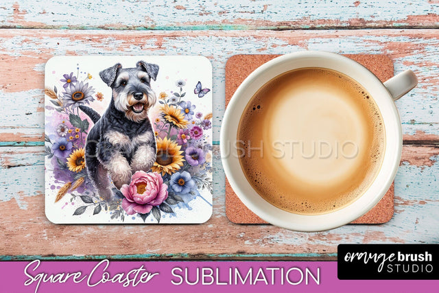 Lakeland Terrier Square Coaster - Dog Mom Floral Coaster Sublimation Sublimation OrangeBrushStudio 