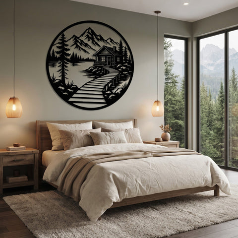 Lakeside Cabin Laser SVG | Round Metal Wall Art DXF | Cabin Landscape Plasma Cut File | CNC Laser Cut Svg | Rustic Mountain Decor SVG HappyDesignStudio 