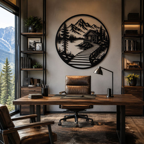 Lakeside Cabin Laser SVG | Round Metal Wall Art DXF | Cabin Landscape Plasma Cut File | CNC Laser Cut Svg | Rustic Mountain Decor SVG HappyDesignStudio 