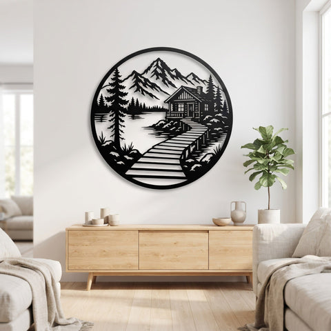 Lakeside Cabin Laser SVG | Round Metal Wall Art DXF | Cabin Landscape Plasma Cut File | CNC Laser Cut Svg | Rustic Mountain Decor SVG HappyDesignStudio 