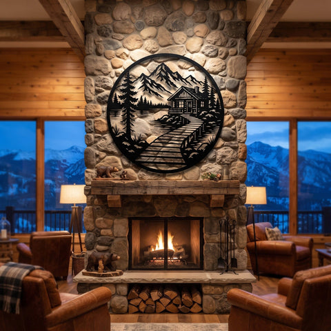 Lakeside Cabin Laser SVG | Round Metal Wall Art DXF | Cabin Landscape Plasma Cut File | CNC Laser Cut Svg | Rustic Mountain Decor SVG HappyDesignStudio 