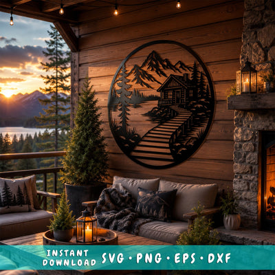Lakeside Cabin Laser SVG | Round Metal Wall Art DXF | Cabin Landscape Plasma Cut File | CNC Laser Cut Svg | Rustic Mountain Decor SVG HappyDesignStudio 