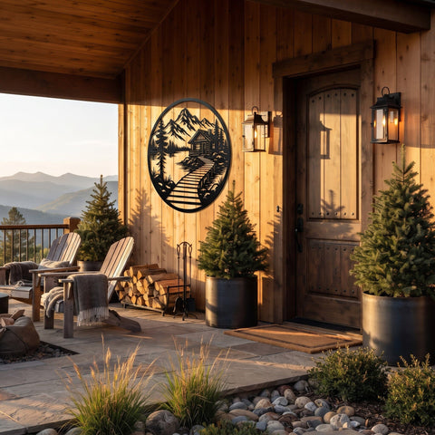 Lakeside Cabin Laser SVG | Round Metal Wall Art DXF | Cabin Landscape Plasma Cut File | CNC Laser Cut Svg | Rustic Mountain Decor SVG HappyDesignStudio 