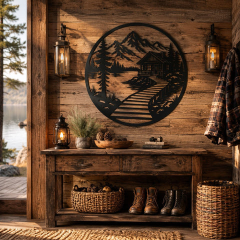 Lakeside Cabin Laser SVG | Round Metal Wall Art DXF | Cabin Landscape Plasma Cut File | CNC Laser Cut Svg | Rustic Mountain Decor SVG HappyDesignStudio 