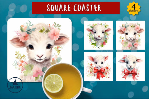 Lamb illustration | Watercolor animal flowers coaster Sublimation Olga Boat Design 