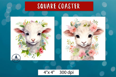 Lamb illustration | Watercolor animal flowers coaster Sublimation Olga Boat Design 