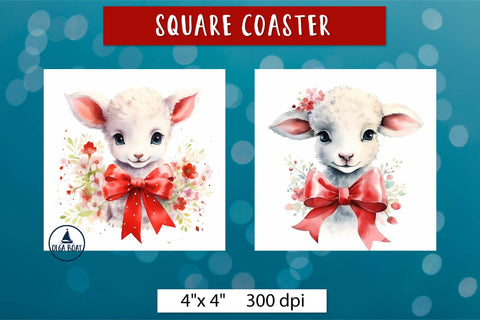 Lamb illustration | Watercolor animal flowers coaster Sublimation Olga Boat Design 