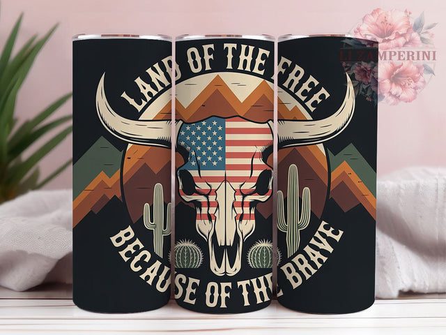 Land Free Cow Skull 20oz Tumbler Wrap, Brave Cow Skull Design, American Flag Sublimation, Patriotic USA Wrap, Independence Day Tumbler, 20oz Tumbler Design, PNG Tumbler Wrap Sublimation Li Zamperini 