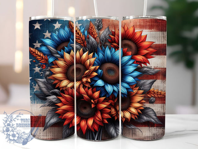 Land Free Sunflower 20oz Tumbler, Patriotic Sunflower Design, Sublimation Tumbler Wrap, 20oz Tumbler, USA Flag Theme, Independence Day Gift, Floral Patriotic Art Sublimation ToriDesigns 