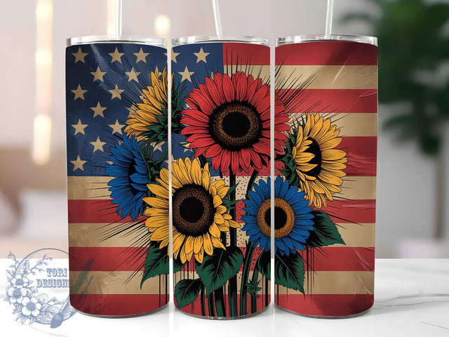 Land Free Sunflower 20oz Tumbler, Patriotic Sunflower Design, Sublimation Tumbler Wrap, 20oz Tumbler, USA Flag Theme, Independence Day Gift, Floral Patriotic Art Sublimation ToriDesigns 