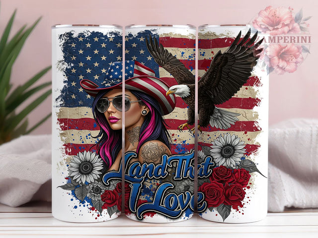 Land I Love Tattoo 20oz USA Patriotic Tumbler, Tattoo Girl Tumbler, Floral Patriotic Tumbler, USA Pride Tumbler, 20oz Sublimation Wrap, Independence Day Tumbler Sublimation Li Zamperini 
