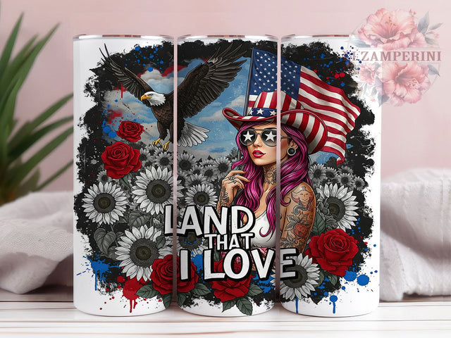 Land I Love Tattoo 20oz USA Patriotic Tumbler, Tattoo Girl Tumbler, Floral Patriotic Tumbler, USA Pride Tumbler, 20oz Sublimation Wrap, Independence Day Tumbler Sublimation Li Zamperini 
