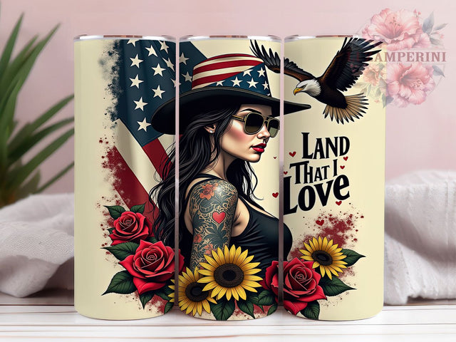 Land I Love Tattoo 20oz USA Patriotic Tumbler, Tattoo Girl Tumbler, Floral Patriotic Tumbler, USA Pride Tumbler, 20oz Sublimation Wrap, Independence Day Tumbler Sublimation Li Zamperini 
