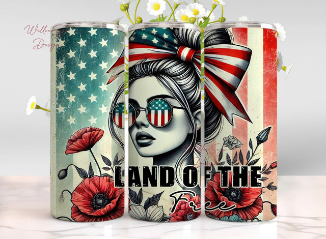 Land Of The Free 20oz Skinny Tumbler Sublimation Design, Patriotic Tumbler Wrap, July 4th Tumbler, Daisies Tumbler PNG Sublimation WillowSageDesign 