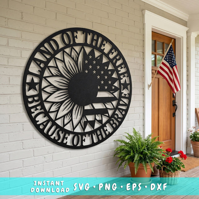 Land of the Free Because of the Brave Laser SVG, Patriotic Sunflower Metal Wall Art, American Flag Sign Cut File, CNC Plasma Laser Cut DXF SVG HappyDesignStudio 