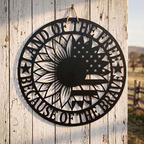 Land of the Free Because of the Brave Laser SVG, Patriotic Sunflower Metal Wall Art, American Flag Sign Cut File, CNC Plasma Laser Cut DXF SVG HappyDesignStudio 